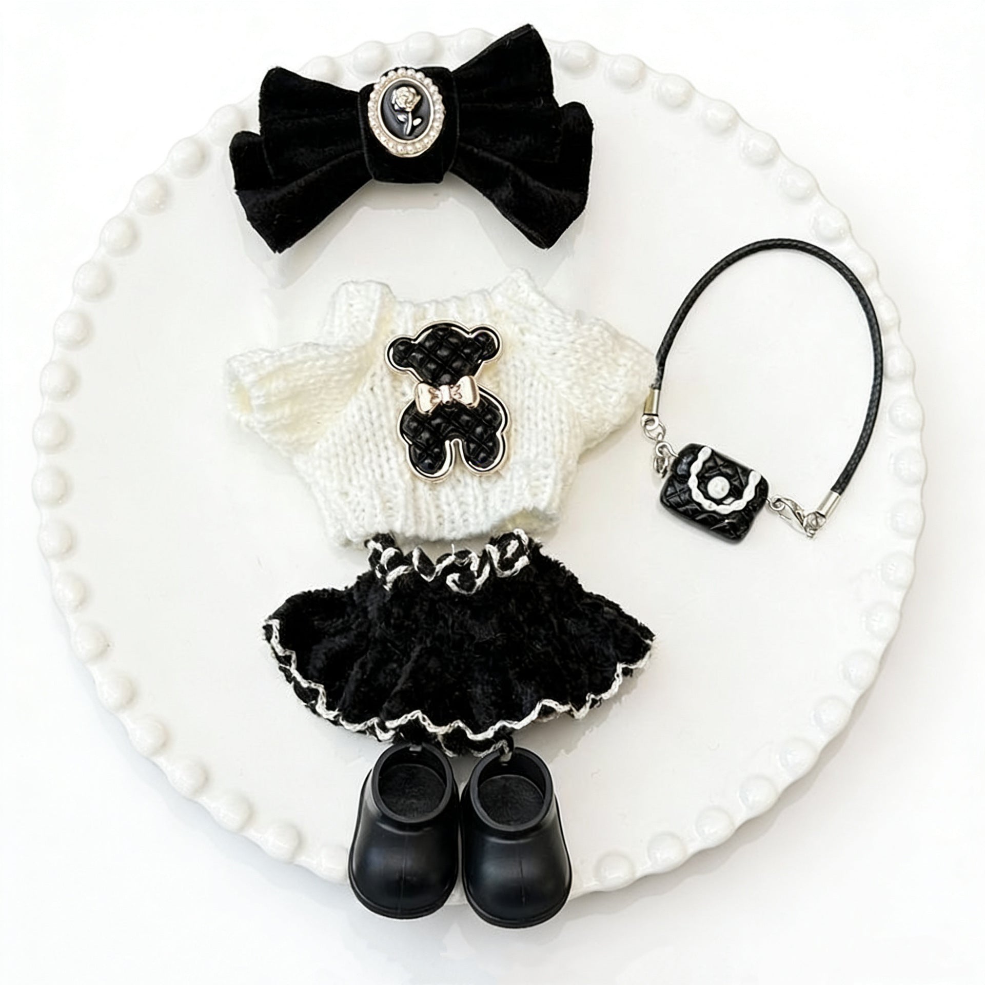 White Knit Bow 5-Piece Outfit Set for Crybaby 17cm - White skirt & Black blouse doll outfit detail view 5 | KikiBuddies