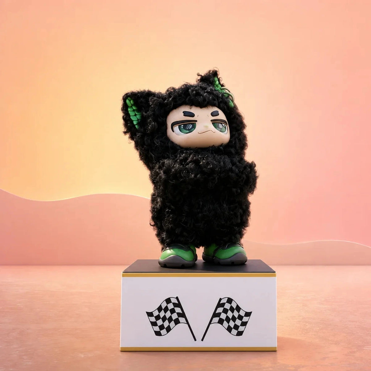 Black XIAO AO plush pendant with green facial details and shoes on a display podium; possible design example only, not guaranteed or selectable