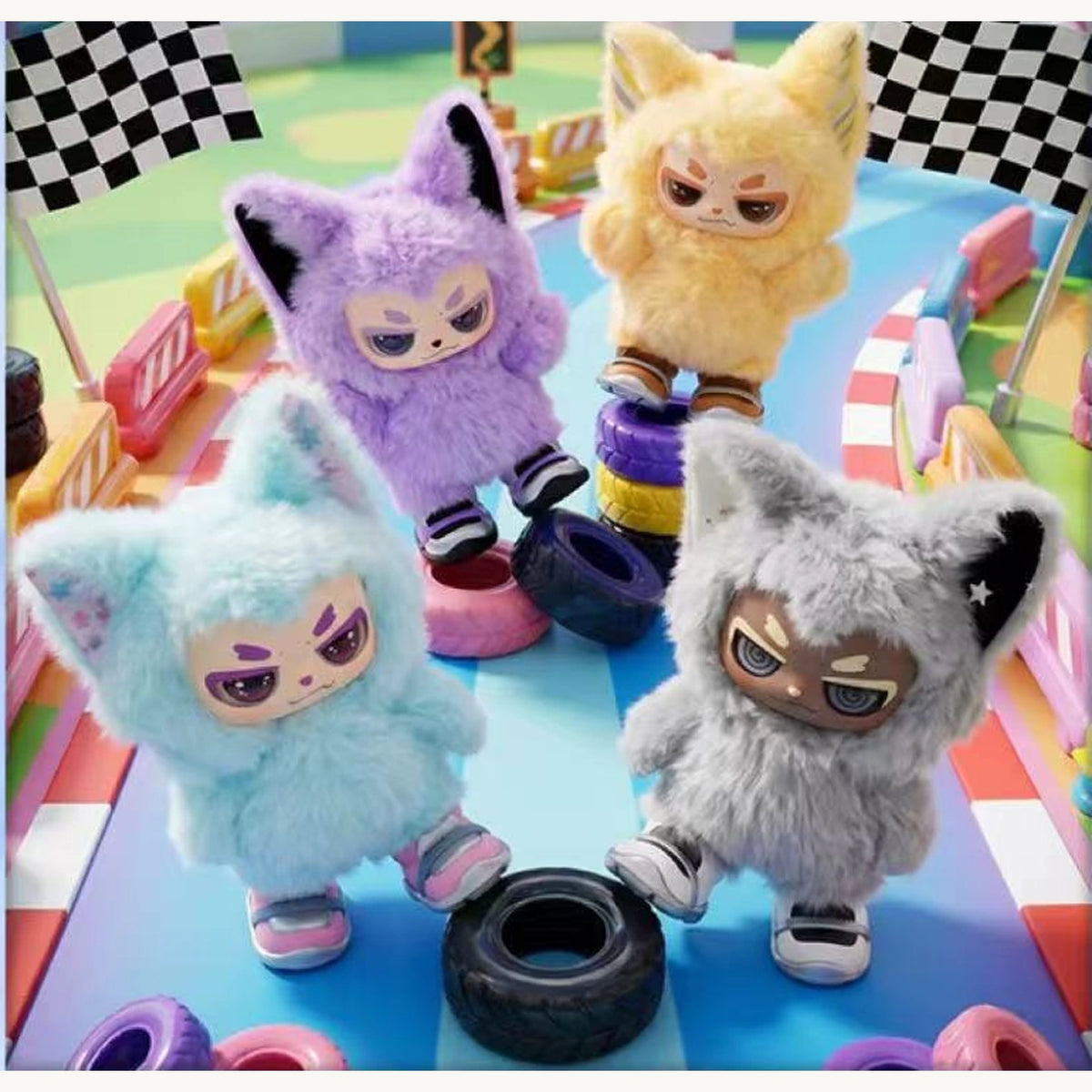 Purple, pale yellow, aqua and gray XIAO AO plush pendant design examples in a miniature racing scene; one random doll per box, props excluded
