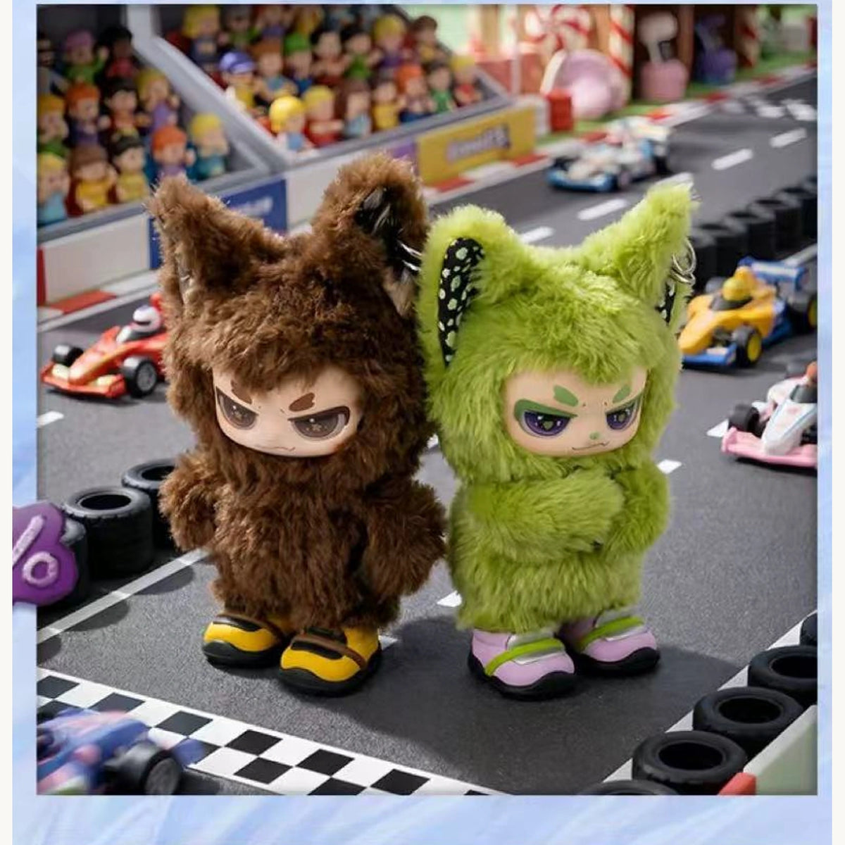 Two possible XIAO AO Love Every Thing plush pendant designs in brown and green; series examples only, each purchase is one random blind box