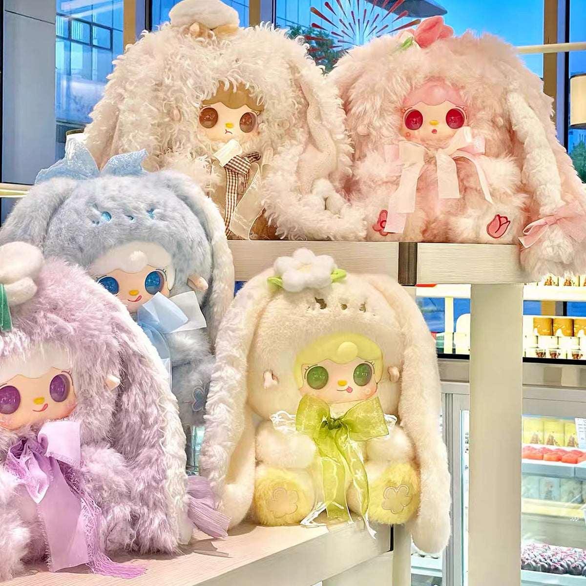 Yooki 400% V4 Bunny's Floral Fragments Series Plush Blind Box - Series group with complete central yellow plush example; packaging is defined by selected option