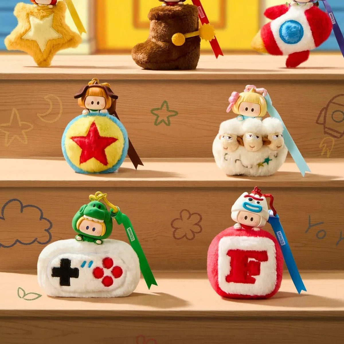 YOYO x DSN Toy Story 5 With You Series Vinyl Plush Pendant Blind Box - Series display with upper-row plush pendants cropped; lower examples complete; display props not included; random design not guaranteed
