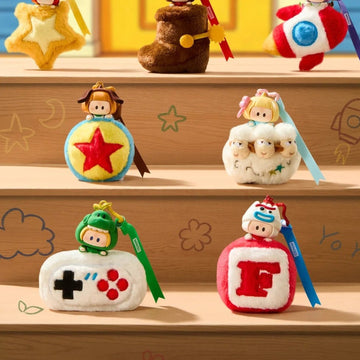YOYO x DSN Toy Story 5 With You Series Vinyl Plush Pendant Blind Box - Series display with upper-row plush pendants cropped; lower examples complete; display props not included; random design not guaranteed