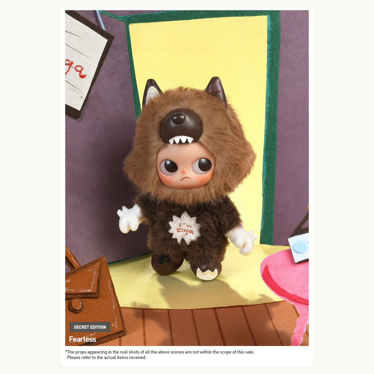 Zsiga I'm Zsiga Fearless (Secret) confirmed vinyl plush pendant in an illustrated display scene; props are not included