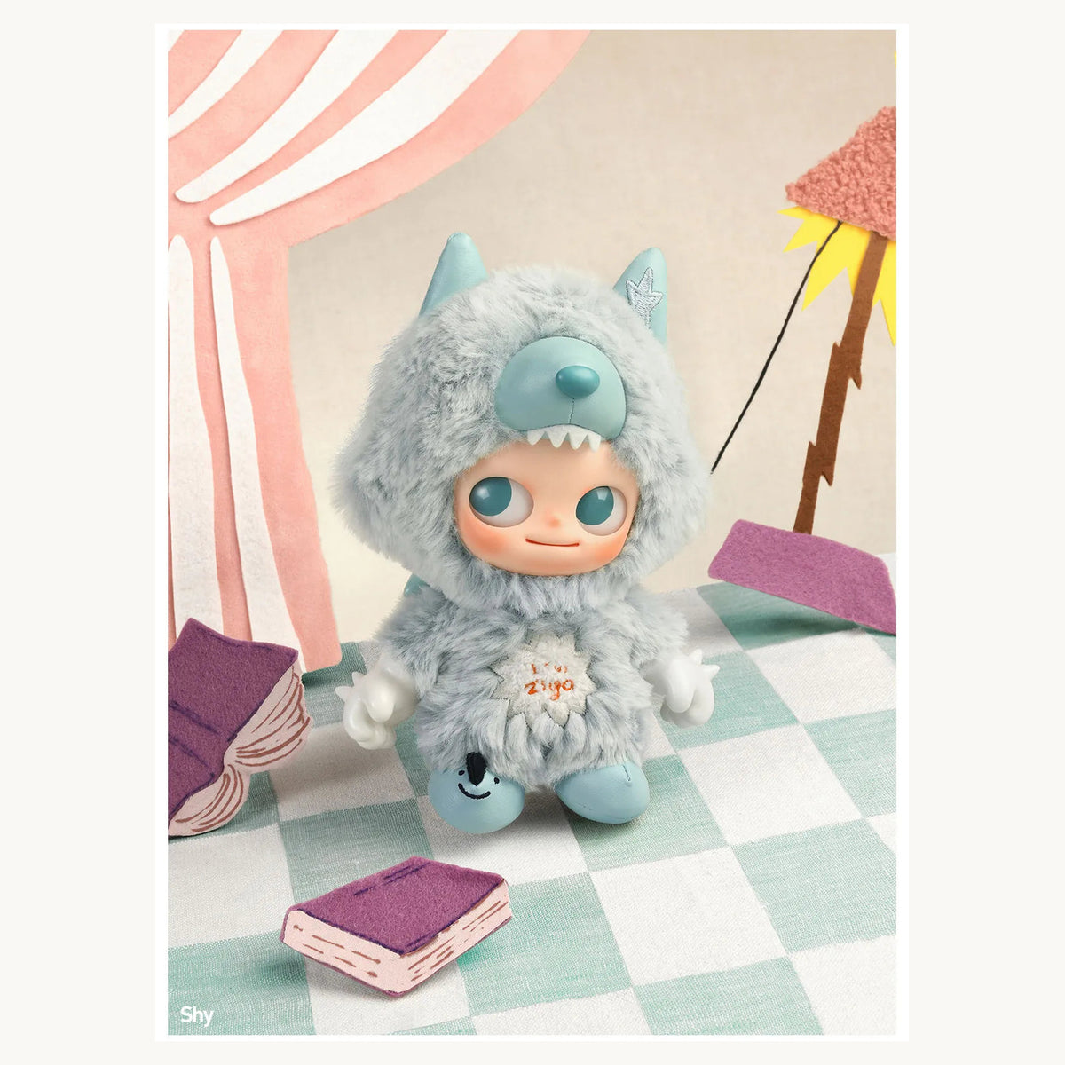 Zsiga I'm Zsiga Shy confirmed vinyl plush pendant in an illustrated display scene; props are not included