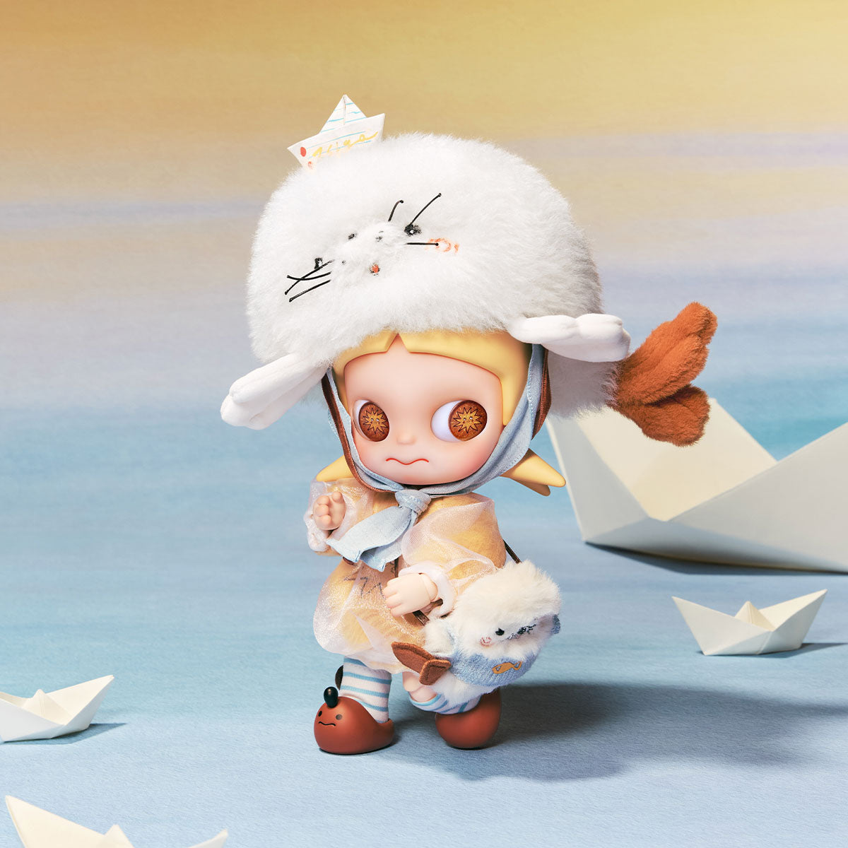 Zsiga Right on Time figure posed to show the seal backpack, patterned outfit and mismatched shoes