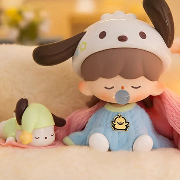 zZoton x Sanrio Preparation Before Bedtime Series Figures, Blind Box - Seated white dog-ear hood design in blue pajamas with small character detail; upper dark ear tip cropped; random design not guaranteed; display props not included