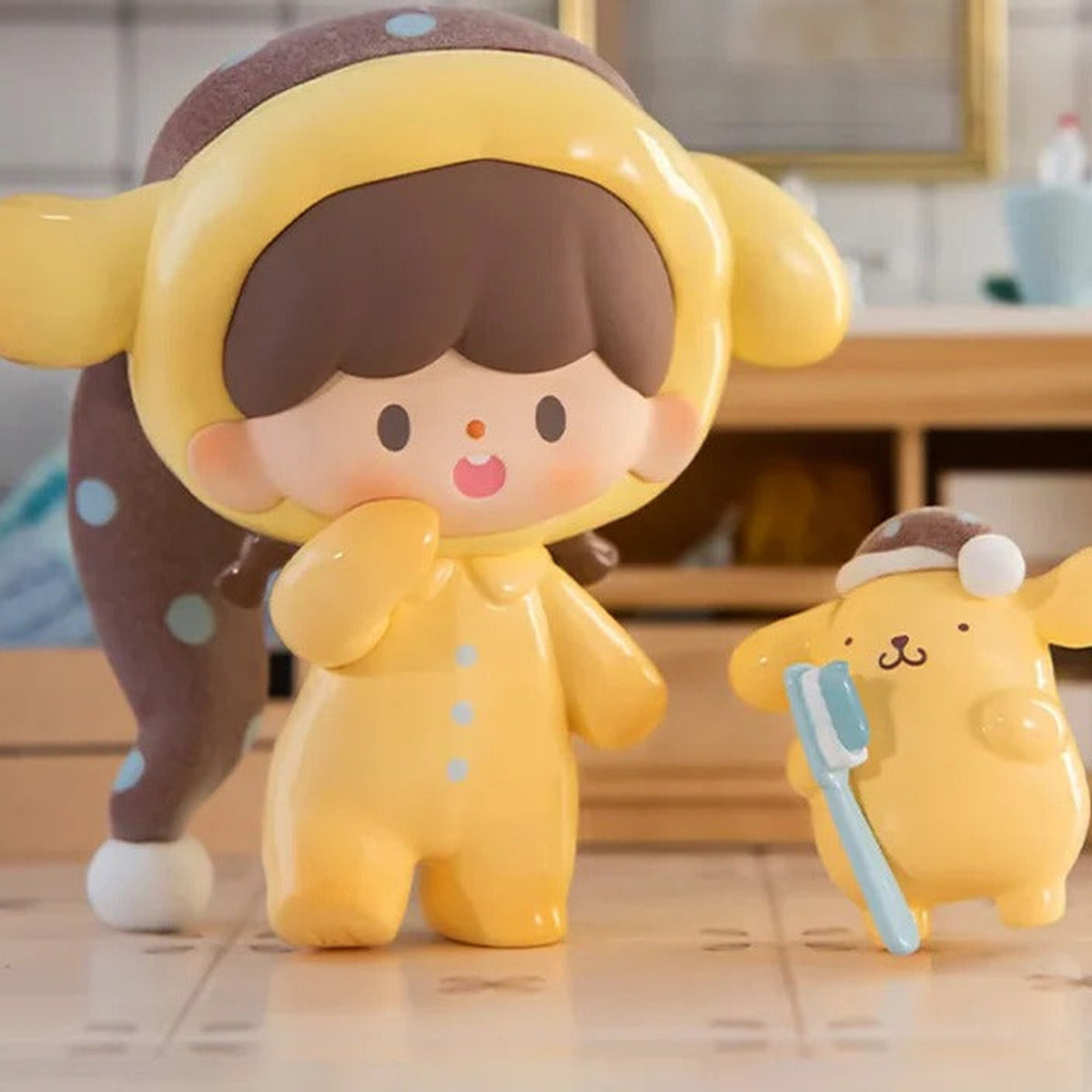 zZoton x Sanrio Preparation Before Bedtime Series Figures, Blind Box - Yellow dog-ear hood design with toothbrush character detail; upper yellow hat cropped; random design not guaranteed; display props not included
